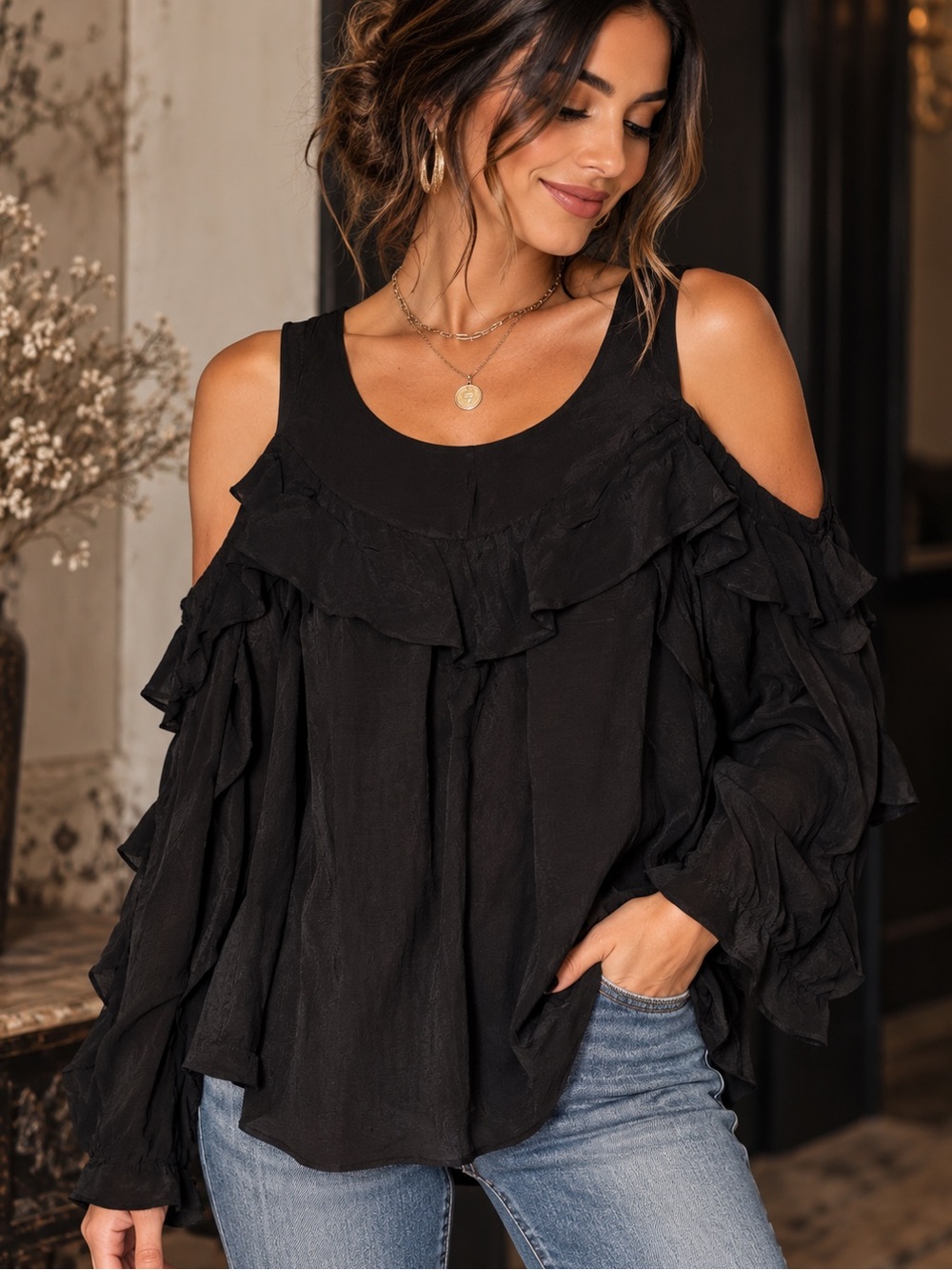Maeve Anthropologie Black Ruffle Cold Shoulder Blouse Size 12 NWT